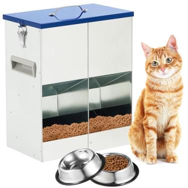 Imagem de Qinyoung Alimentador automático para 2 gatos, ao ar livre, galvanizado, 42 xícaras/10 l, alimentador duplo com 2 tigelas de água de aço inoxidável para pequenos animais de estimação, gatos, cães, uso