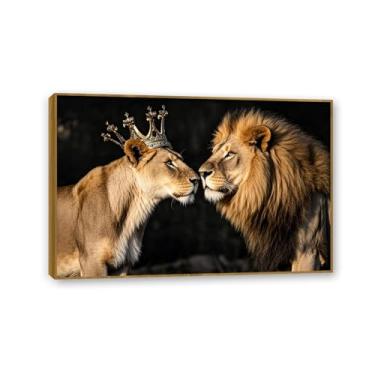 Imagem de SDYJ6GSW Conjunto de arte de parede em tela Leão e Leoa Leão preto e branco com coroa dourada Rei imagem de animal arte para quarto decoração de casa moldura de teca 90 x 60 cm (36 x 24 pol)
