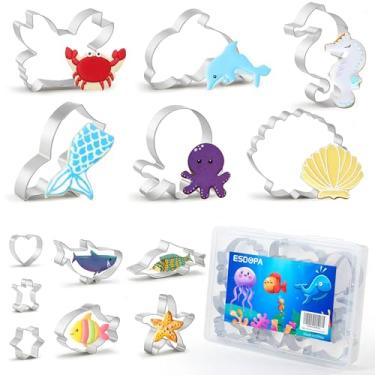 Imagem de ESDOPA Conjunto de cortadores de biscoito de criaturas oceânicas, 13 peças, formas de espécies marinhas de metal, cortador de biscoito de animais submarinos para decoração de bolos de festa de
