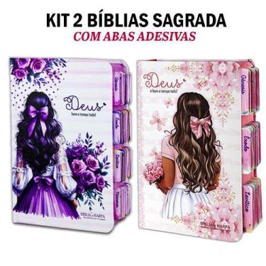 Imagem de Kit 2 Bíblia Sagrada Evangélica Com Índice Abas Adesivas - Menina Lilá