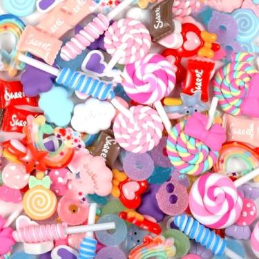 Imagem de Conjunto de 120 peças de berloques sortidos de geleca com parte traseira plana para fazer geleca mista, doces de resina, ornamentos aleatórios de resina Kawaii para decoração de scrapbook