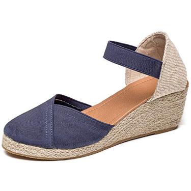 Imagem de U-lite Sandália feminina de 7,6 cm com tira elástica no tornozelo, bico redondo, fechada, alpargatas, salto cunha, Azul escuro, 38