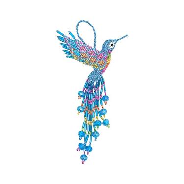 Imagem de Hummingbird Hanging Figurine Ornament Czech Glass Seed Bead Fringe Tail Dangles - Handmade Gifts Spirit Animal Boho Accessories (Light-Blue/Pastel)