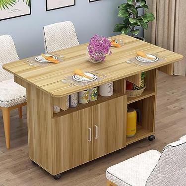 Imagem de Mesa de sala de jantar dobrável moderna, mesa de sala de jantar com folhas rebatíveis, mesa de sala de jantar extensível com gavetas e prateleiras de armazenamento, mesa de sala de jantar rolante que