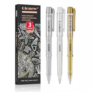 Imagem de Qionew Conjunto de canetas de gel de 3 cores – branco, dourado e prata, ponta fina de 1 mm, canetas de tinta gel para desenho de papel preto, esboço, ilustração, confecção de cartões, diário