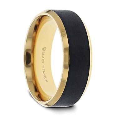 Imagem de Anel de casamento masculino de titânio preto banhado a ouro escovado - ajuste confortável chanfrado polido - 8 mm de largura - Nome do estilo: Beaumont, Metal, Sem pedra preciosa