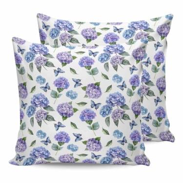 Imagem de Capas de almofada para atividades ao ar livre aquarela pastoral roxa hortênsia, capa de travesseiro impermeável, protetores de travesseiro macios, fronha de borboleta de verão para sofá, sofá, litoral