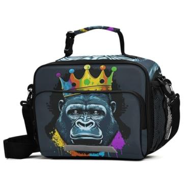 Imagem de Lancheira Gorilla com coroa para meninos e meninas, lancheira térmica infantil, alça de ombro, reutilizável, escola, piquenique, viagem, escritório