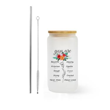 Imagem de AGH Presentes lata de vidro fosco para homens e mulheres, copo de vidro de 473 ml com tampas Banboo e canudo, copo de vidro You Are Flower para Ice Coffe Smoothie Whiskey Boba Soda Tea Gift. 1 pacote