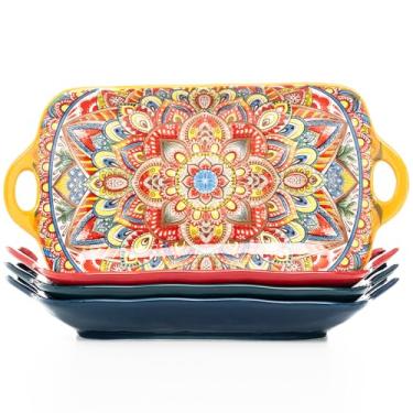 Imagem de XKXKKE Conjunto De 4 Travessas Cerâmica Boho Com Alças, 12 Polegadas, Pratos Grandes Para Servir, Porcelana Coloridos E Fofos Sanduíches, Aperitivos, Frutas, Próprios Micro-Ondas, Cores Variadas
