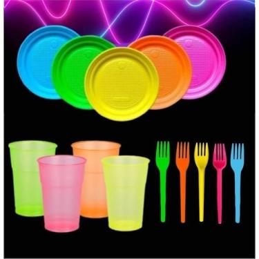 Imagem de Copo Neon + Pratinho + Garfinho Festa Neon Fluor 50 Cada - MariFesteir