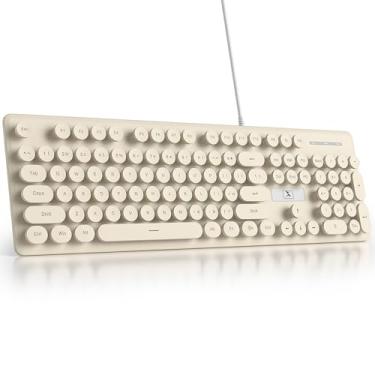 Imagem de Fogruaden Teclado de máquina de escrever retrô com fio, teclado de membrana silencioso de tamanho completo, lindos teclados de computador, 104 teclas redondas, retroiluminação LED azul, fino