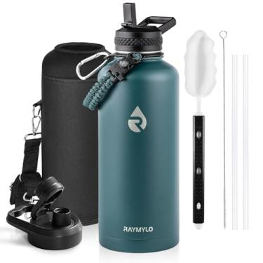 Imagem de RAYMYLO Garrafa de água isolada de 2,5 g, aço inoxidável a vácuo de parede tripla (fria por 48 horas), à prova de vazamento e sem BPA, jarro de garrafa de água moderno com alça de paracord e tampas de