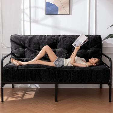Imagem de YOSHOOT Colchão Futon Queen de 20 cm, sofá futons espesso, colchão de chão de tecido de chenille para adultos, enchimento de espuma desfiada, médio firme (moldura não incluída), preto, 150 x 203 cm