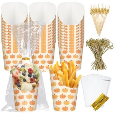 Imagem de FYSUIMU 50 peças de copos de papel de charcutaria de outono com sacos de palitos laços torcidos copos de aperitivo descartáveis de abóbora de 396 g Suporte de batatas fritas para colheita de outono