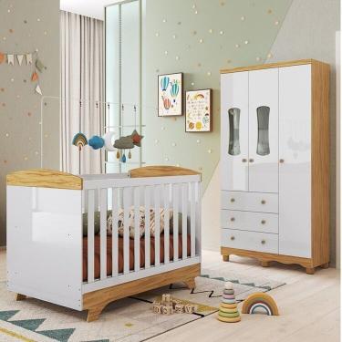 Imagem de Quarto De Bebê Guarda-roupas 3 Portas Com Janelas E Berço Minicama 100% Mdf Lena Espresso Móveis Branco