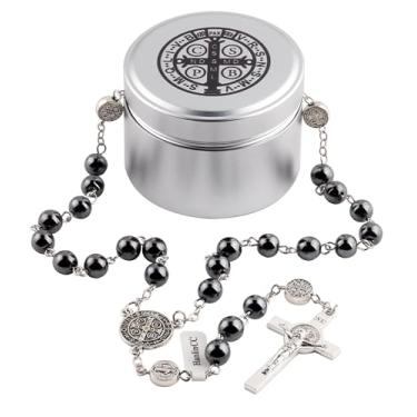 Imagem de HanlinCC Colar de rosário de São Bento com contas de pedra vulcânica e hematita com caixa de aço de titânio católico para homens e mulheres, 60cm length, Zinco, Sem Pedra Preciosa