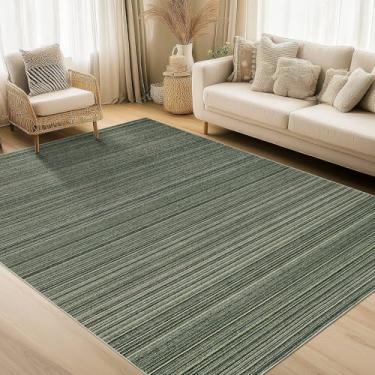 Imagem de COZYLOOM Tapete lavável 20 x 25 cm moderno para sala de estar antiderrapante, tapete neutro interno com estampa de listras, tapete dobrável fino de pilha baixa, revestimento macio que não solta para