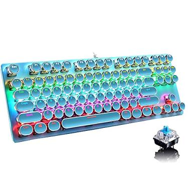 Imagem de Teclado mecânico para jogos, estilo de máquina de escrever punk retrô de 87 teclas, teclado azul com luz de fundo arco-íris, anti-fantasma, com fio USB, para computador desktop PC laptop, para jogos e escritório (azul)