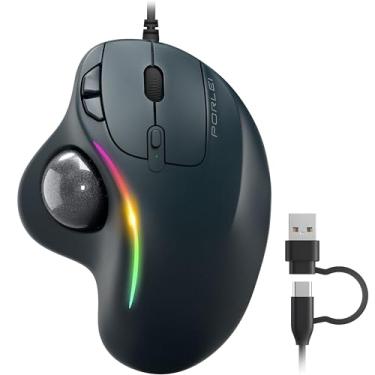 Imagem de PORLEI Mouse Trackball com fio com iluminação RGB, controle ergonômico do polegar para reduzir a tensão muscular, 5 DPI ajustáveis, conectividade USB-C e USB-A dupla, compatível com PC, laptop, Mac
