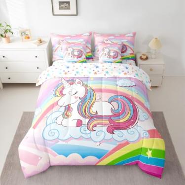 Imagem de Feelyou Conjunto de edredom de unicórnio fofo com arco-íris, 7 peças, desenho animado de unicórnio em uma bolsa, 7 peças, conjunto de cama com 2 fronhas
