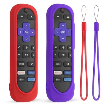 Imagem de Pacote com 2 capas de silicone para controle remoto TCL/Hisense/Roku Streaming TV Stick – Capa à prova de choque lavável e antiderrapante com cordão (vermelho + roxo)