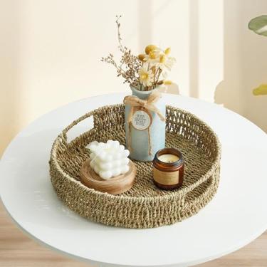 Imagem de JS HOME Bandeja de servir com alças, bandeja decorativa de vime para sala de estar, bandeja de mesa de café moderna, travessas redondas grandes para decoração de casa, otomano, cama, cozinha, banheiro