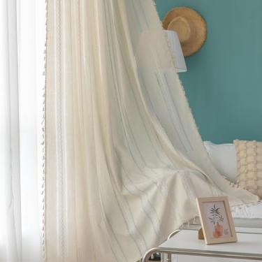 Imagem de Erbnaryx Cortinas Boho bordadas para sala de estar quarto 1 painel L 159 x C 96 bolso de haste marfim, listrado fazenda chique texturizado, borlas vintage feito à mão decoração country.
