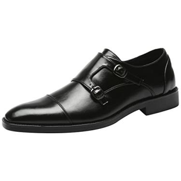 Imagem de Jamron Sapato social masculino Smart Monk Brogues couro genuíno salto de madeira formal, Couro sintético preto, 45