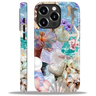 Imagem de MQJCYB Capa para iPhone 14 Pro, híbrida, resistente, 2 em 1, resistente à prova de choque, proteção brilhante, capa para iPhone 14 Pro - Conchas do oceano, estrela-do-mar, pérolas, flores