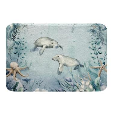 Imagem de Tapetes de banheiro peixe-boi, azul-petróleo, oceano, praia, litoral, 51 x 81 cm, estrela-do-mar, tentáculos, tapete de porta, criatura subaquática, coral, decoração de quarto de peixe kawaii