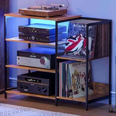 Imagem de Mesa grande com suporte para toca-discos de vinil, suporte de mídia AV com estação de carregamento e portas USB, suporte de armário estéreo com fita de LED, resistente, pés ajustáveis, rústico, grande