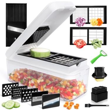Imagem de GLADICER Cortador de alimentos 14 em 1, cortador de alimentos multifuncional, 9 peças para cebola, vegetais, ralador de queijo, cortador de legumes com recipiente grande e tampa, com escova bônus e