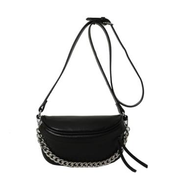 Imagem de Pochete de couro para mulheres e homens, bolsa tiracolo moderna, bolsa de viagem, Preto com corrente de prata
