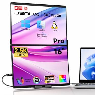 Imagem de JSAUX Monitor portátil de tela dupla FlipGo de 16 polegadas Pro 2,5K, monitor triplo para laptop | DisplayLink | HiDPI | Cabo único para tela IPS dupla