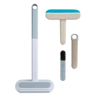 Imagem de Escova Multiuso 4 em 1 Tira Pelos Pets Limpa Vidros Estofados Pisos Removedor De Poeira Rodo de Silicone Cabo Extensor 45cm Limpeza Rápida para Sofás Tapetes Roupas Janelas Box Carro e Casa