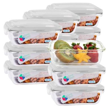 Imagem de Jogo 12 Potes Marmitas Fitness 640ml Vidro Retangular Tampa Hermetico