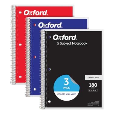 Imagem de Oxford Caderno espiral pacote com 3, diário de escrita de 5 assuntos, perfurador de 3 furos, papel pautado universitário, 4 divisórias, 20 x 26 cm, preto, vermelho, azul, 180 folhas (65203)