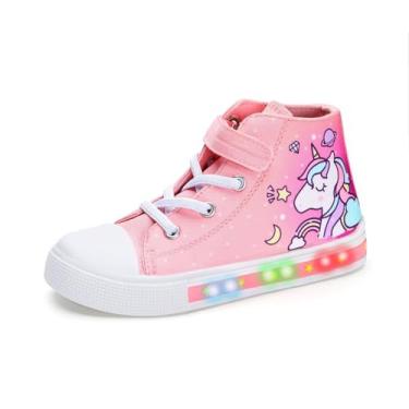 Imagem de FUNCOO PLUS Tênis infantil infantil leve para meninas e meninos sapatos de lona unissex infantil cano alto esportivo casual, Unicórnio rosa arco-íris, 7 Toddler