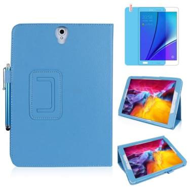 Imagem de Capa de couro fina para Samsung Galaxy Tab S3 de 9,7 polegadas 2017 (SM-T820 T825 T827), suporte multiângulo, capa protetora completa para tablet com caneta Stylus, película de tela (azul celeste)