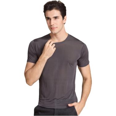 Imagem de Camiseta Masculina 100% Real Seda Casual Camiseta De Manga Curta Gola Redonda, Khaki9, L