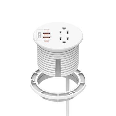 Imagem de Ilhós de energia de mesa de 7,6 cm com portas USB C PD20W, 2 tomadas CA, tomada com ilhós, estação de carregamento rápido, orifícios de mesa, ilhós redondos para escritório, casa (branco)
