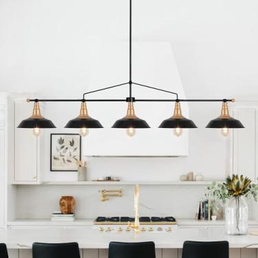 Imagem de Lustres de metal para sala de jantar, iluminação linear de ilha de cozinha, lustre industrial preto e dourado 5 claros, lustre de fazenda moderno para ilha de cozinha sobre mesa (pintado em spray)