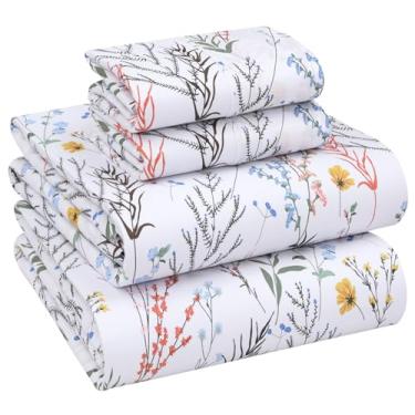 Imagem de RUVANTI Jogo de lençóis Queen Size 100% algodão, 4 peças, roupa de cama macia e respirável, bolso profundo de 40,6 cm, padrão de hotel, sensação fresca, durável, lençol floral perfeito, aroma