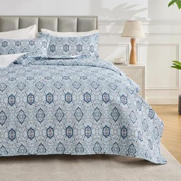 Imagem de Hitime Conjunto de colcha estampada, tamanho king, conjunto de edredom leve, colcha grande, acolchoado, com 2 fronhas combinando, para todas as estações - azul boho