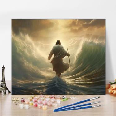Imagem de Pintura de Jesus sem moldura por números para adultos Jesus andando nas águas kits de pintura por números em tela, kit de pintura faça você mesmo, pintura de desenho para adultos para presente