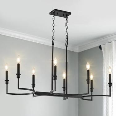 Imagem de CaraLuxe Lustre preto de 8 luzes retangular para sala de jantar sobre mesa vela de metal lustre luminária retrô preto ilha iluminação 94 cm