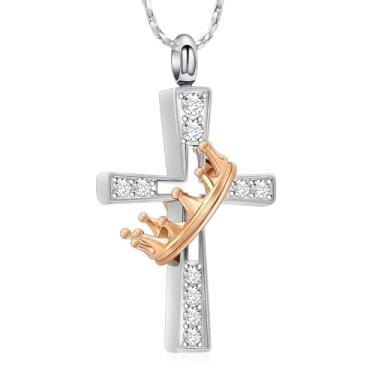 Imagem de Imrsanl Colar de urna com cruz para cinzas para mulheres e homens, coroa de cremação, joias, lembrança, entes queridos, suporte de cinzas funerárias, pingente, presente de memorial, Aço inoxidável