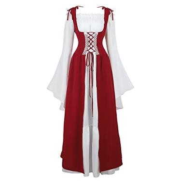 Imagem de Zhitunemi Fantasia feminina renascentista, vestido de fada, gótico, camponesa, fantasia medieval, Vermelho brilhante, G