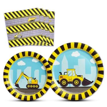 Imagem de WERNNSAI Construction Party Supplies - 48PCS Disposable Dump Truck Themed Tableware Set for Boys Kids Birthday Dinner Dessert Plates and Napkins Serves 16 Guests